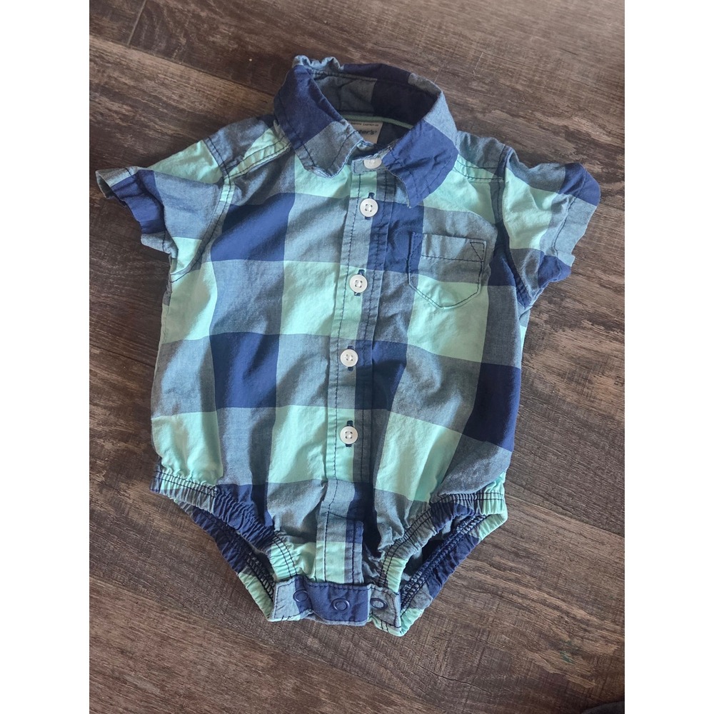 Carters Newborn Blue Mint Green Buffalo Plaid Button Front Bodysuit NB
